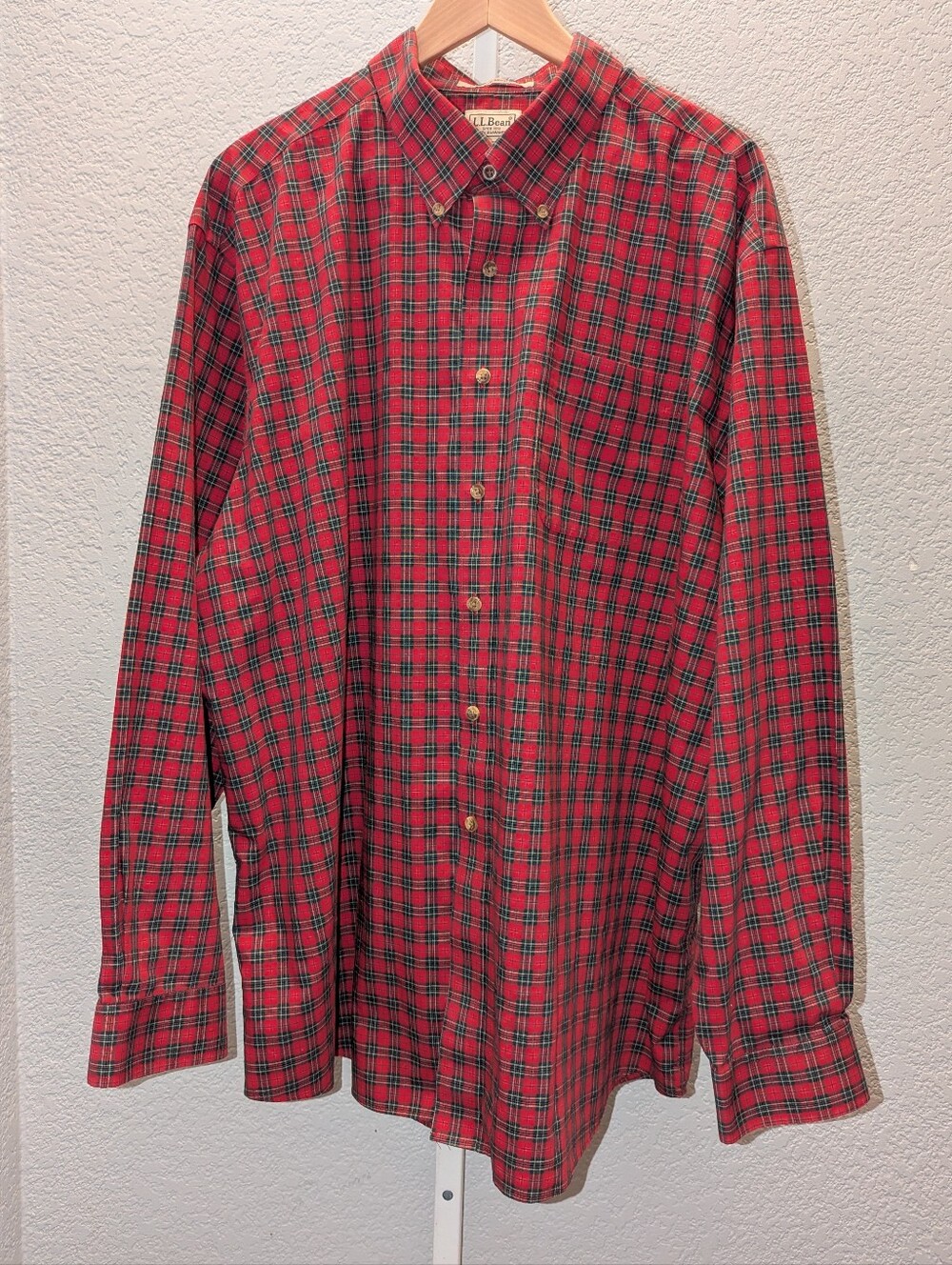 L.L. Bean Wrinkle Resistant Plaid Button Down Shirt XXL Regular Red Tartan